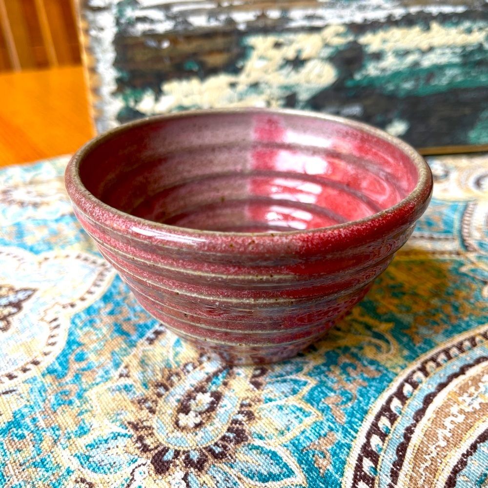 Pottery Trinket Dish Jewelry Ring Bowl Signed Handmade Red Gray Ceramic
